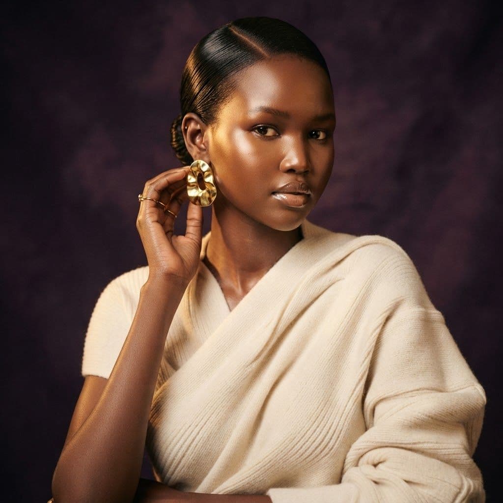 The Amber Knit — Ivory draped knit, sculptural gold, rich plum studio