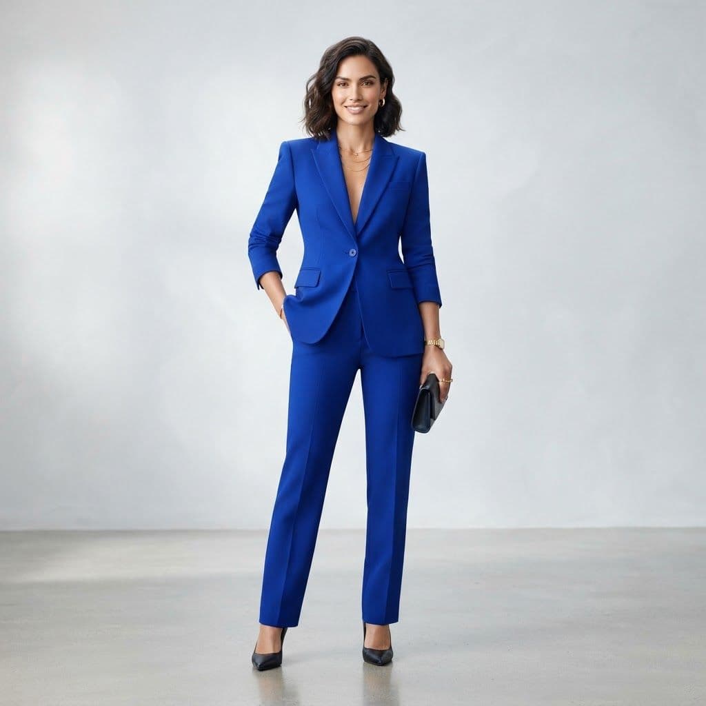 The Cobalt Power Suit — Royal cobalt blue tailoring, crisp lines, modern studio pop