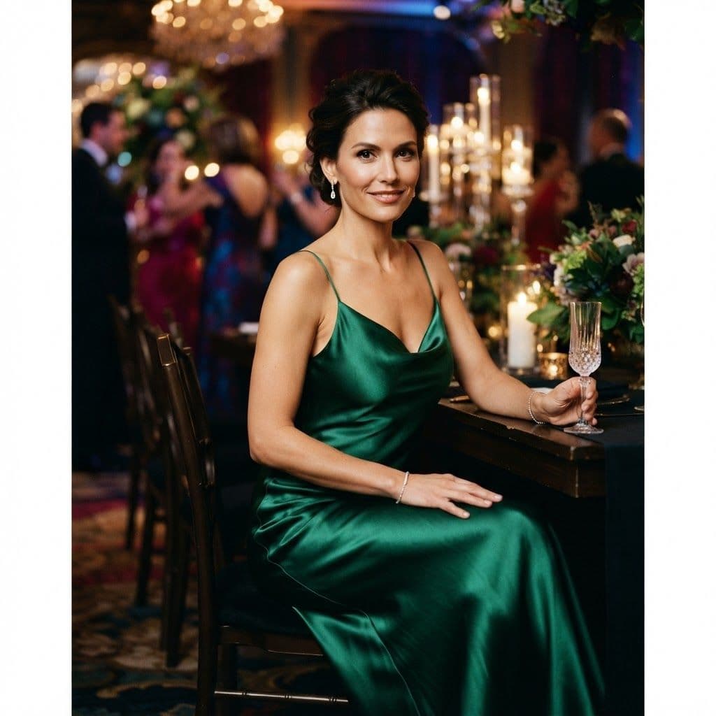 The Emerald Slip Gown — Lustrous emerald green silk, jewel-tone lighting, gala atmosphere