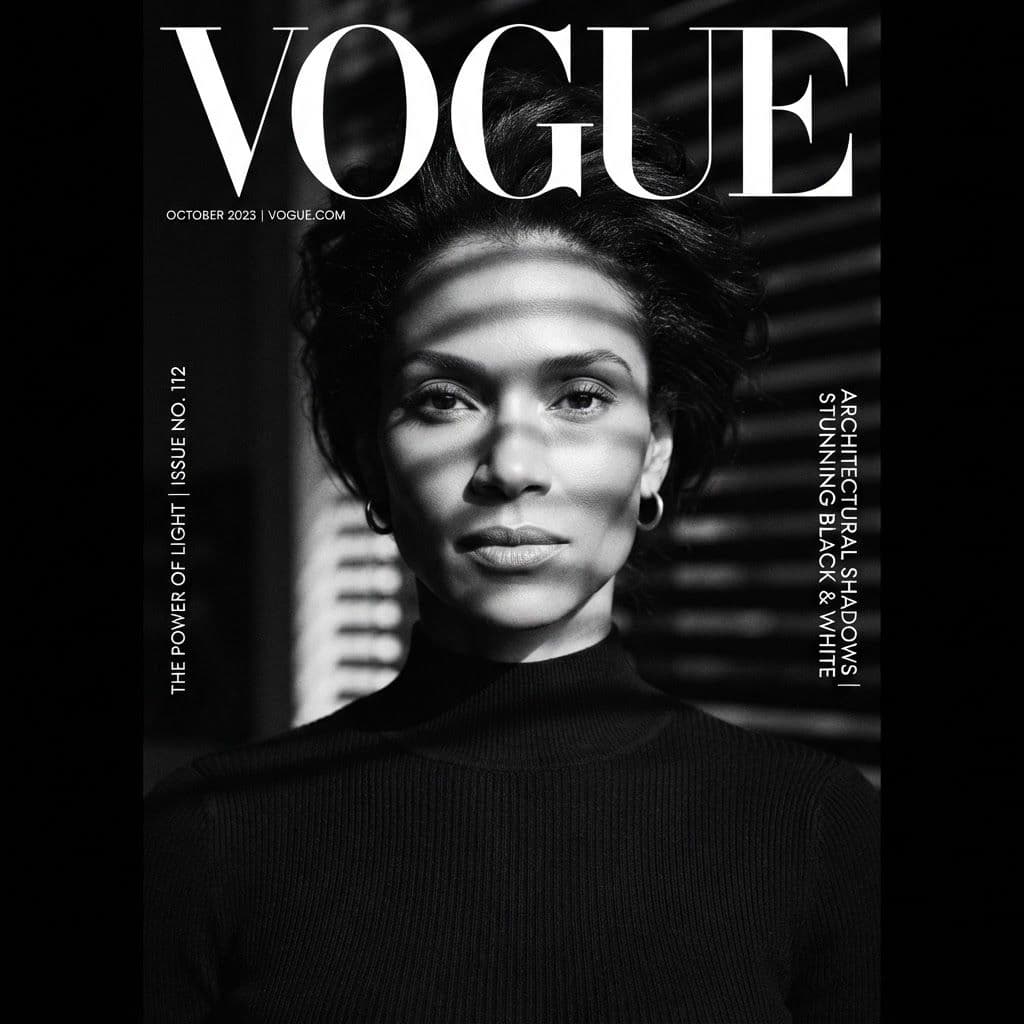The Monochrome Shadow — Graphic architectural shadows, high-neck noir, Vogue cover