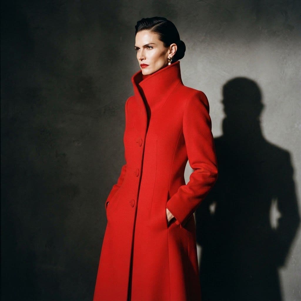 The Scarlet Red Coat — Bold monochromatic crimson wool, dramatic structured collar